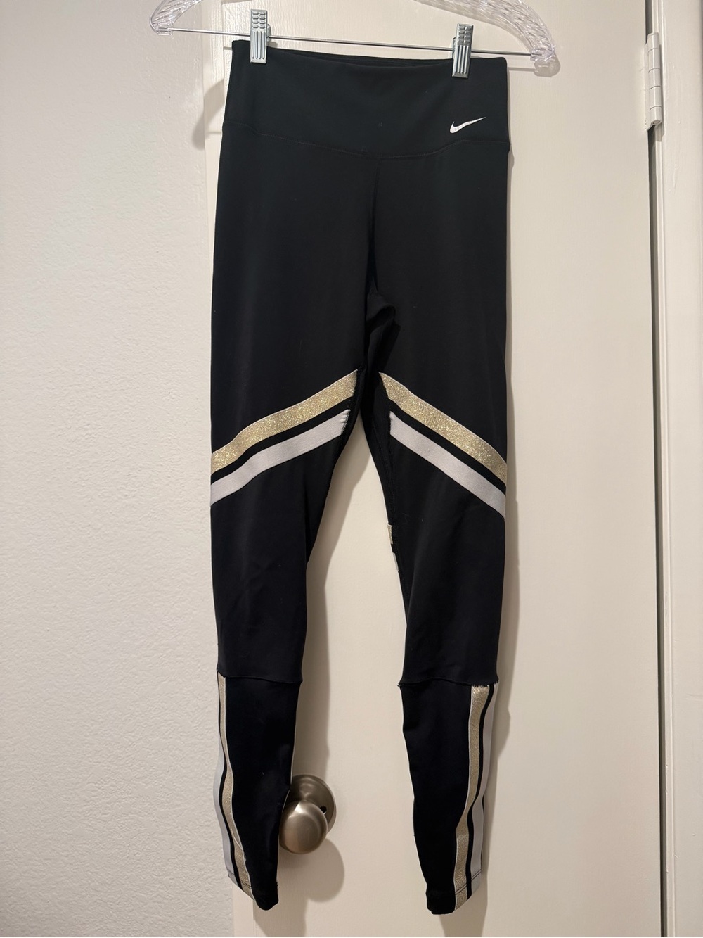 Nike Kids Black Leggings with White & Gold Chevron Stripes